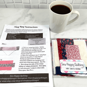 If you love craft kits, check out this quilt kit that will teach you how to make a fabric mug rug aka drink coaster.  Each kit comes with fabric plus printed directions and are mailed to your door.  This one is made with red, white and blue fabric.