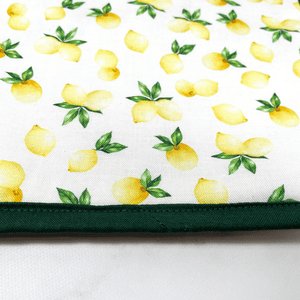 These are gorgeous lemon citrus themed quilted potholders for your home.  The trivets are made from 100% cotton fabric and are washable.  Practical, yet beautiful when used as hot pads on your kitchen island or dining table.
