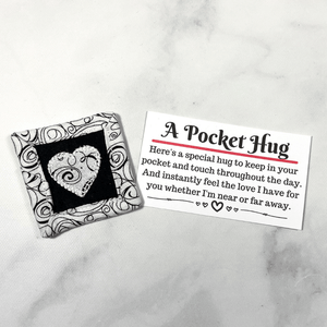 These black and white pocket hugs are small quilts that are made from 100% cotton and come with a poem card. This cute little trinket makes great gifts for those college bound students, new kindergarteners, elderly people in a nursing home or that special loved one who lives far away.