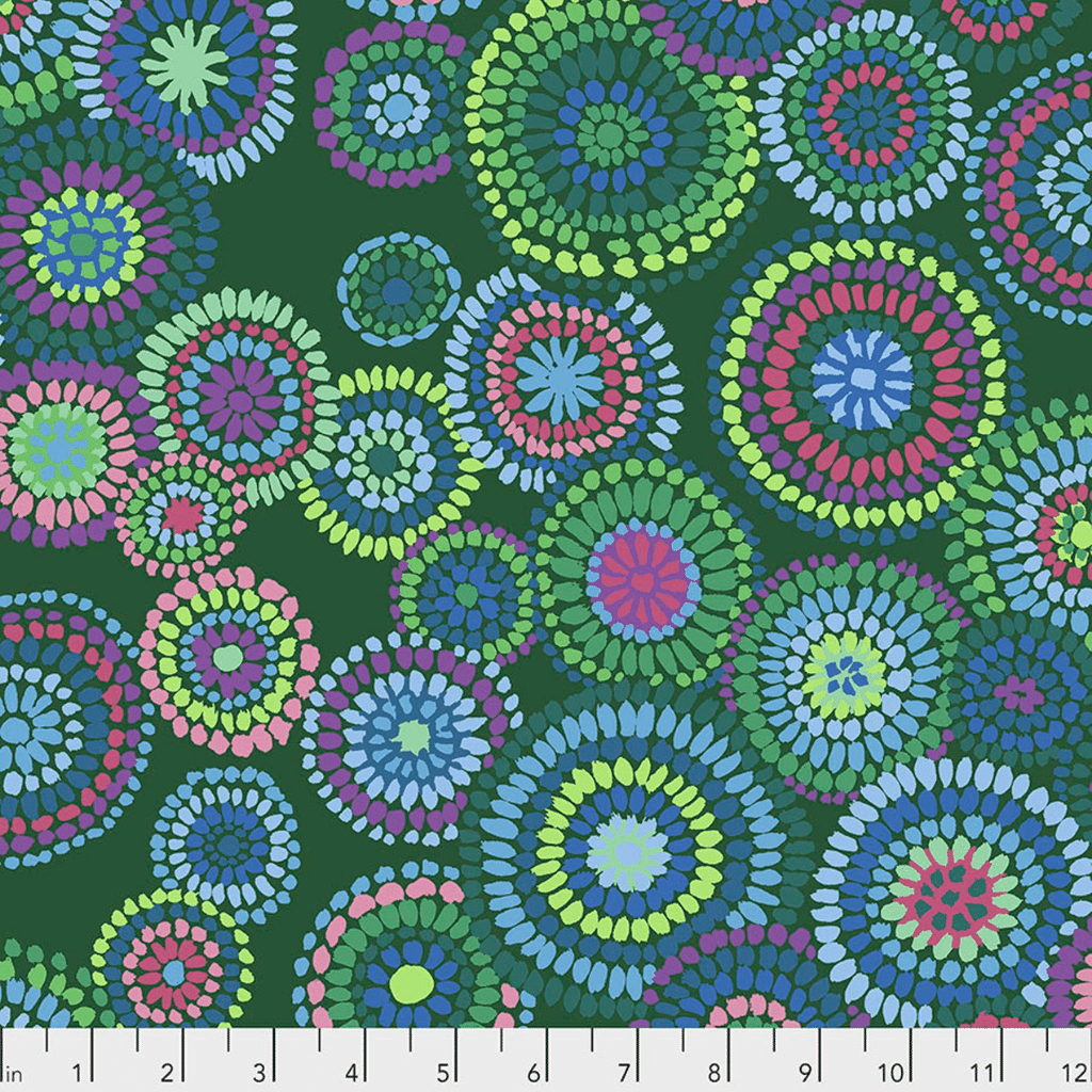 Kaffe Fassett Mosaic Circles pattern in green color is a very popular 100% cotton designer fabric.  This material is very popular for making quilts, tote bags, pillows and more.  Get yours today before it sells out.