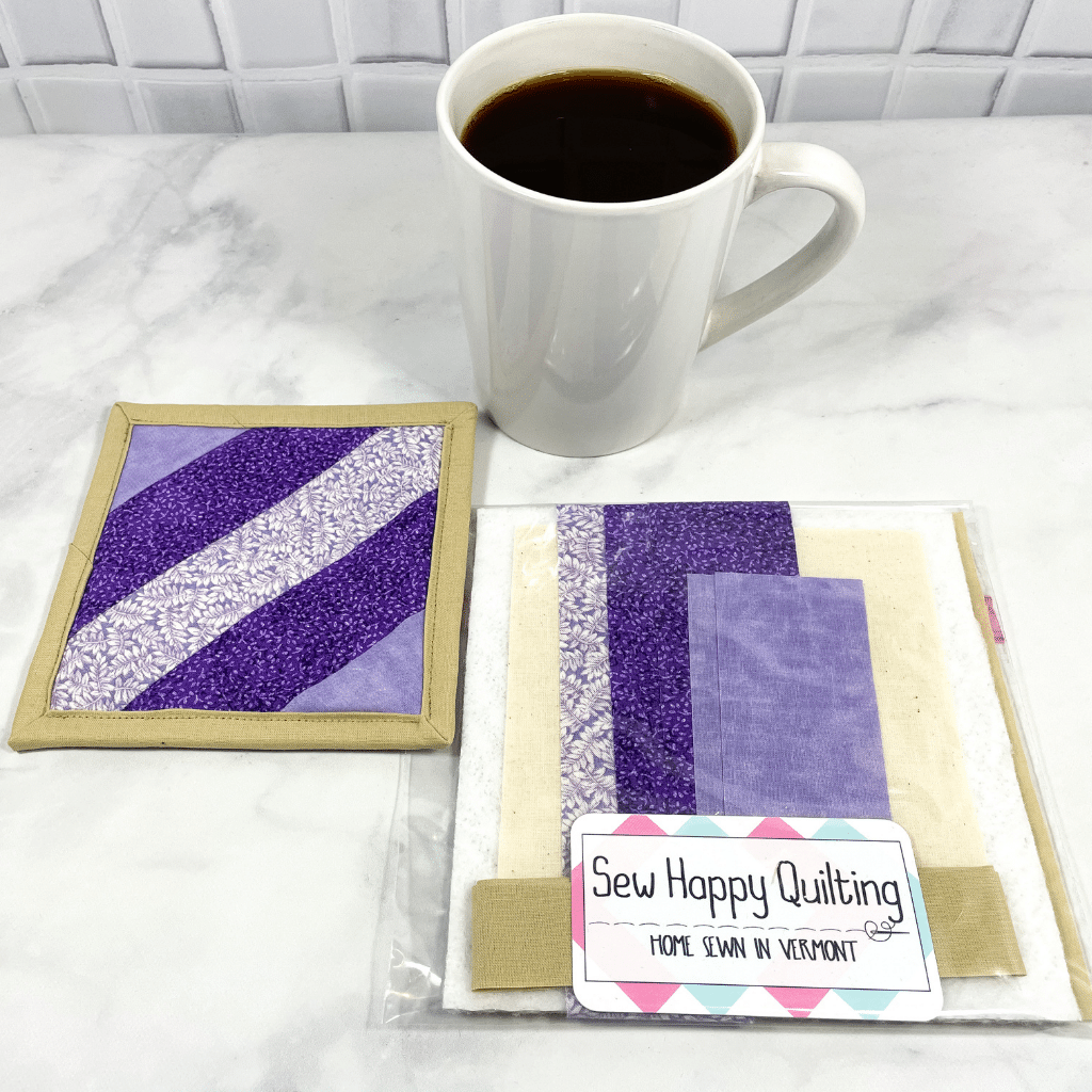 This is a mug rug quilting craft kit that includes all the fabric and printed directions you need to make one drink coaster.  It’s a project you will get to admire on your coffee table, desk or home coffee bar.  It makes a great weekend DIY project for crafty adults.  Click to find out more about this quilt kit.