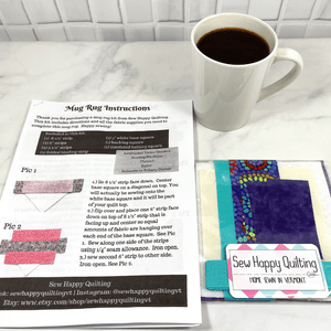 If you love craft kits, check out this quilt kit that will teach you how to make a fabric mug rug aka drink coaster.  Each kit comes with fabric plus printed directions and are mailed to your door.  This one is made with Kaffe Fassett mosaic fabric as the focal point.