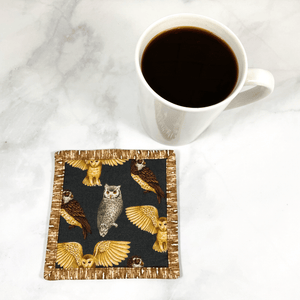 This owl themed mug rug aka drink coasters is such a fun gift for the owl lover.  They are made from 100% cotton fabric, are insulated and washable.  These are great accessories for your home office desk or for your coffee bar area, adding a splash of color and uniqueness.