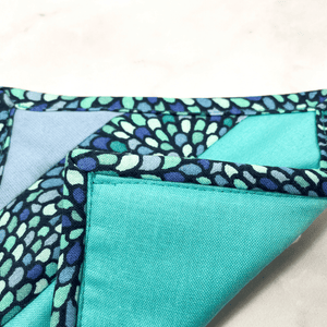 If you love craft kits, check out this quilt kit that will teach you how to make a fabric mug rug aka drink coaster.  Each kit comes with fabric plus printed directions and are mailed to your door.  This one is made with aqua blue mosaic fabric.