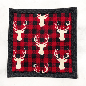 Mug rugs are also known as drink coasters.  They are made from 100% cotton fabric, are insulated and washable too.  These are great accessories for your home office desk or for your coffee bar area.  This particular one is made with a deer head and buffalo plaid fabric as the main material.