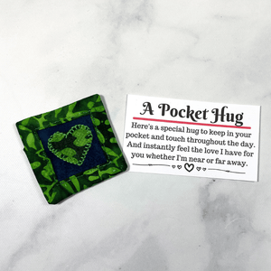 These blue and green pocket hugs are small quilts that are made from 100% cotton and come with a poem card. This cute little trinket makes great gifts for those college bound students, new kindergarteners, elderly people in a nursing home or that special loved one who lives far away.