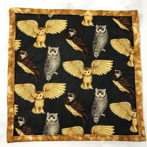 These are gorgeous owl themed quilted potholders for your home.  The trivets are made from 100% cotton fabric and are washable.  Practical, yet beautiful when used as hot pads on your kitchen island or dining table.